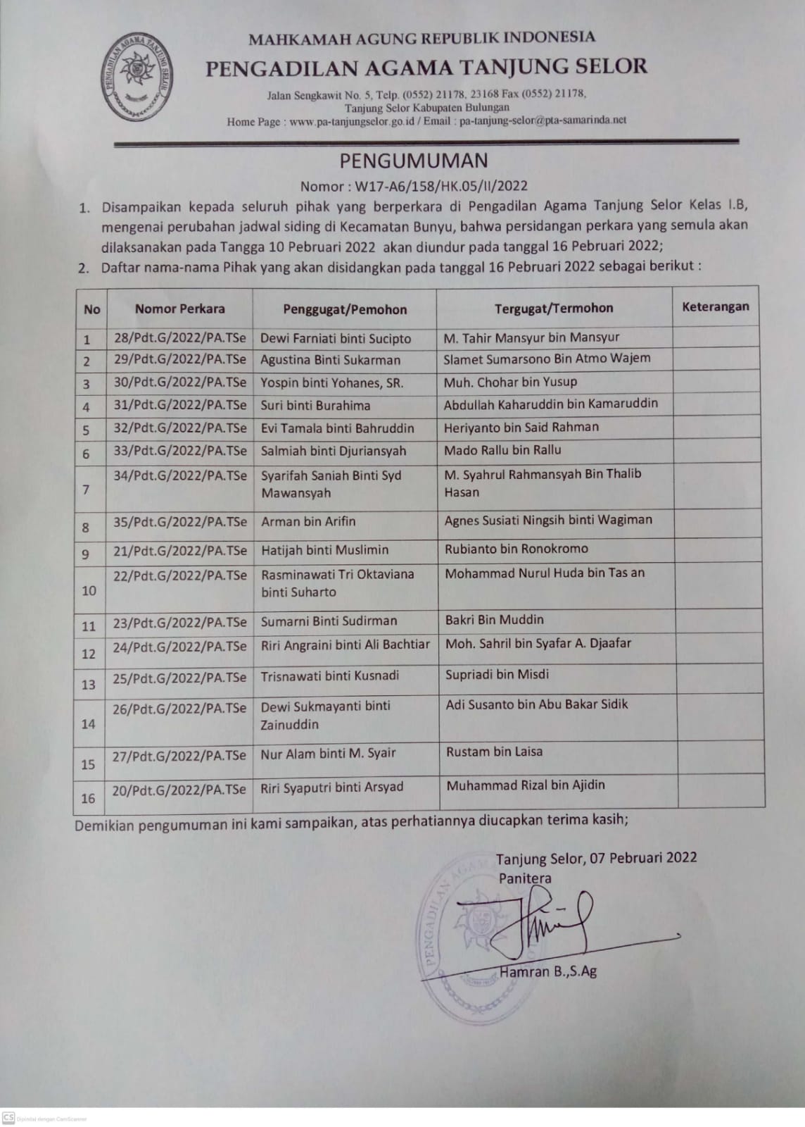 Pengumuman Penundaan Sidang