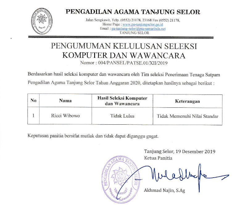 Hasil Seleksi Komputer dan Wawancara